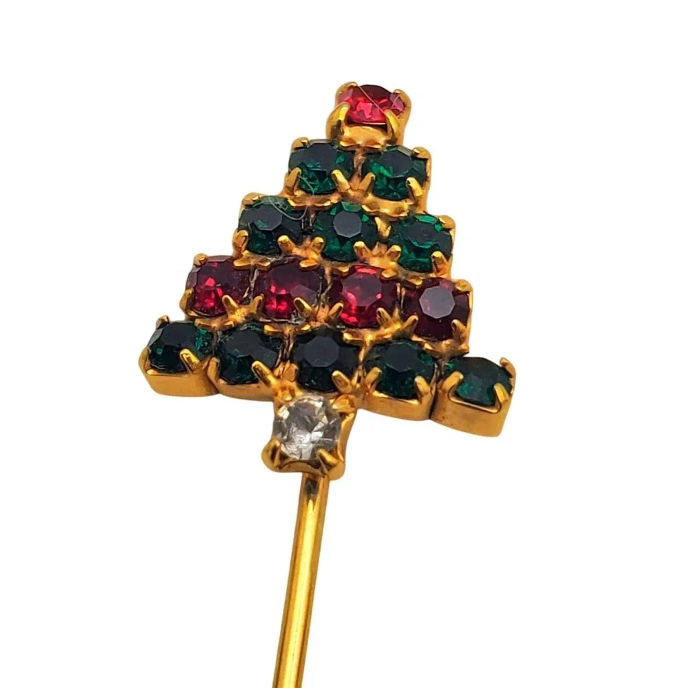 Vintage Christmas Tree Brooch Lapel Stick Pin Eisenberg Avon Holiday Rhinestone